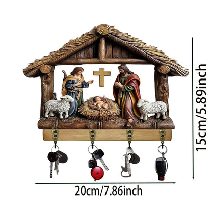 Wall-Mounted Nativity Scene Key Holder, 2D Holy Family and Baby Jesus Manger Wall Hooks (4 Hooks), Religious Christian Home Decor Key Rack Organizer for Entryway, Christmas Religious Gifts