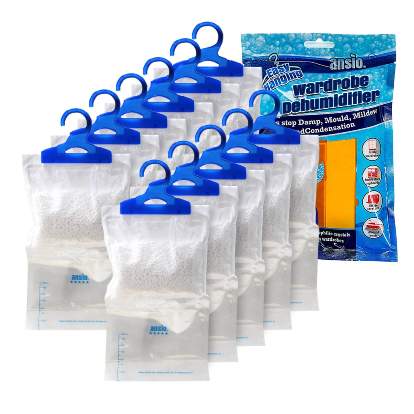 ANSIO Wardrobe Dehumidifier Hanging Bags Pack of 12 Moisture Absorbers, Trap, Condensation, Dehumidifiers for Damp, Mould, Bedroom, Caravan, Bathroom, Basement, Office – 210g Each