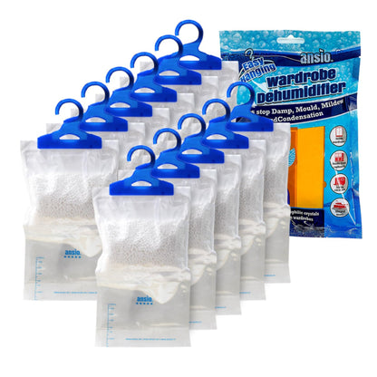 ANSIO Wardrobe Dehumidifier Hanging Bags Pack of 12 Moisture Absorbers, Trap, Condensation, Dehumidifiers for Damp, Mould, Bedroom, Caravan, Bathroom, Basement, Office – 210g Each