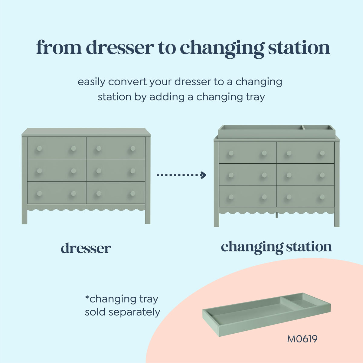 Davinci Sammy Scallop 6-Drawer Dresser in Light Sage
