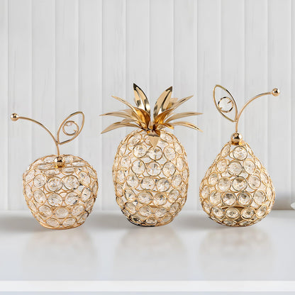 3 Pcs Golden Crystal Hollow Candlestick, Metal Crystal Table Centerpiece, Including Pineapple Pear Apple, Decorative Candlestick, Ideal for Wedding, Party, Anniversary and Home Decor