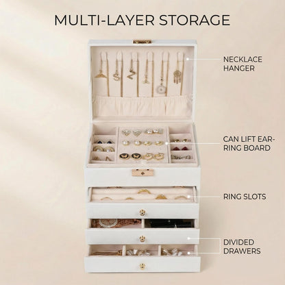 Vandozis Leather Jewelry Box with Lock for Women, 4-Tier 3-Drawer Jewelry Organizer, Large Capacity Vanity Storage Case for Earrings Rings Necklaces, Gift for Her (White)