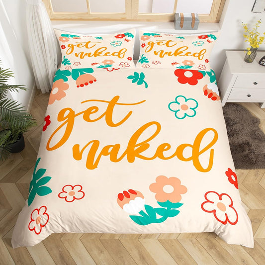 Kids Cartoon Floral Bedding Set King Size Get Naked Bedding Duvet Cover Set for Boys Girls Teens Decor Funny Cute Flowers Comforter Cover Set Colorful Blossom Bed Set Bedroom 3Pcs (No Comforter)