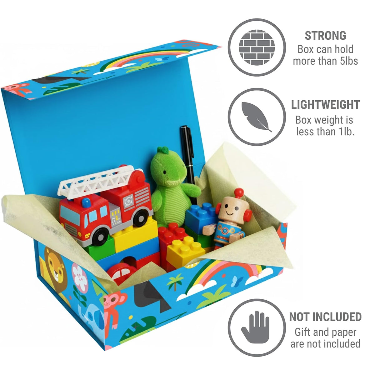 Sorarto Birthday Box for Kids – Jungle Animal Memory Box for Keepsakes with Magnetic Lid – Sturdy Decorative Gift Box for Boys & Girls (Lion, Elephant, Rainbow) – 11.5" x 7.5" x 3.5"