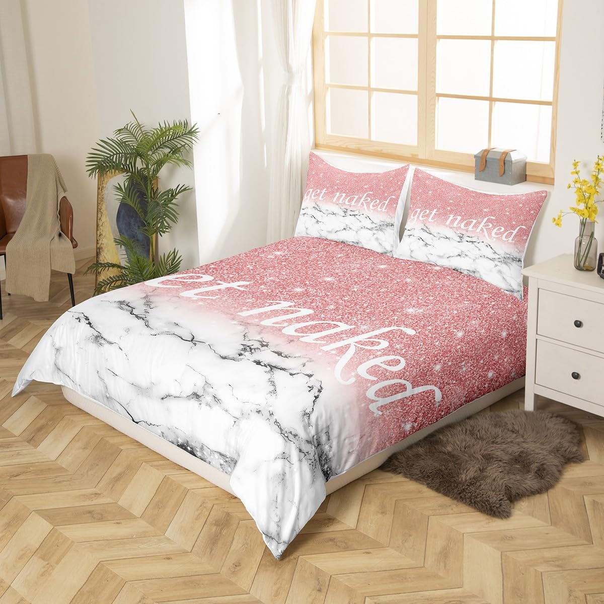 Get Naked Bedding Set King Size Marble Ombre Kids Comforter Cover Set for Boys Girls Women Girly Pink Gradient Glitter Duvet Cover Funny Quotes Bed Set Pink Grey White Room Decor (No Comforter)