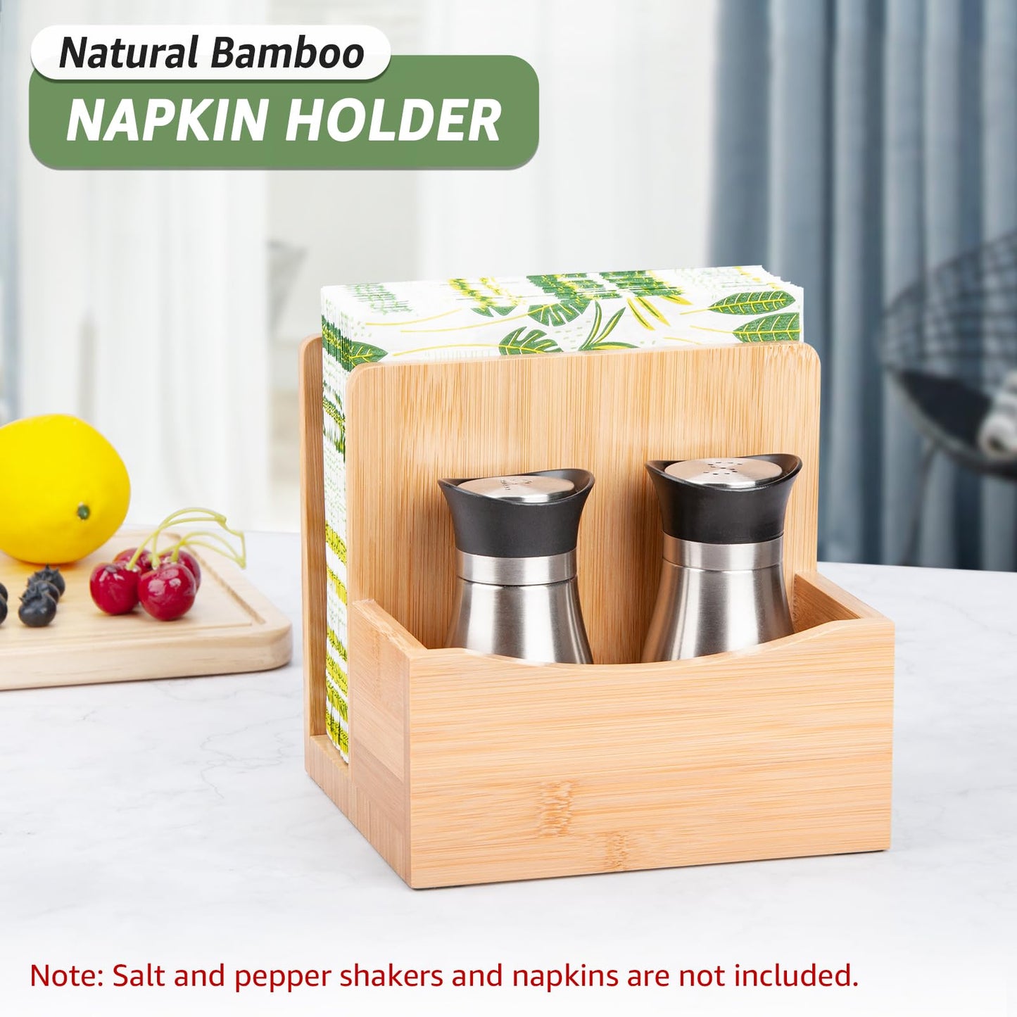 MOLEDINO Bamboo Salt Pepper Napkin Holder Set for Kitchen Dining Table, Natural Napkin Holder Stand with Salt Pepper Caddy Restaurant Lunch Organizer