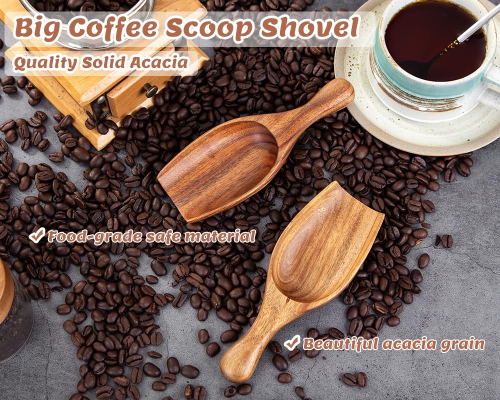 Decent Vrvege Big Coffee Scoop Shovel, 2pcs Large Ground Coffee Scoop, Wooden Bean Salt Spoons, Wood Serving Spoons for Beans Powder Sugar from Big Jars Canisters, Multifunctional Kitchen Scoop