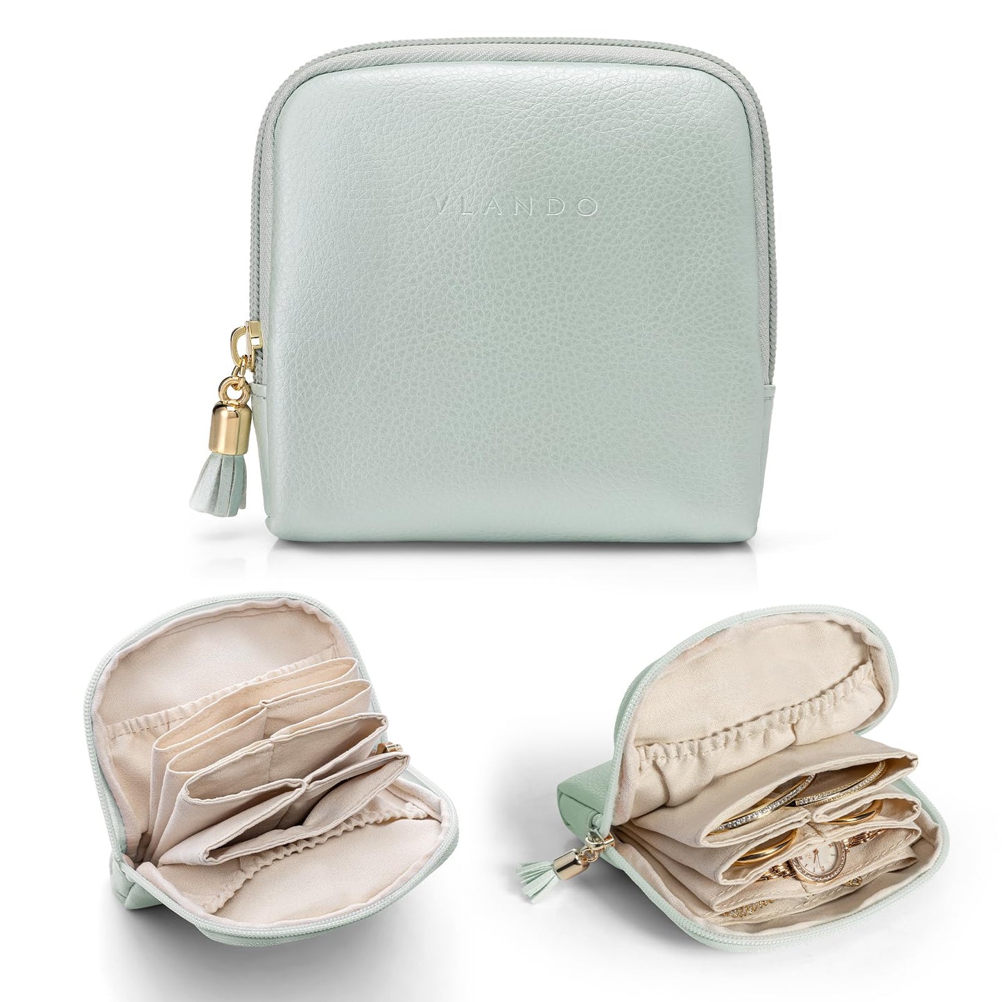 VLANDO Small Jewelry Travel Case,Jewelry Pouch Bags with Zipper,Velvet Jewelry Organizer Storage Bag for Bracelet Rings Earring Travel Essentials Gifts for Women Girl-Mint Green