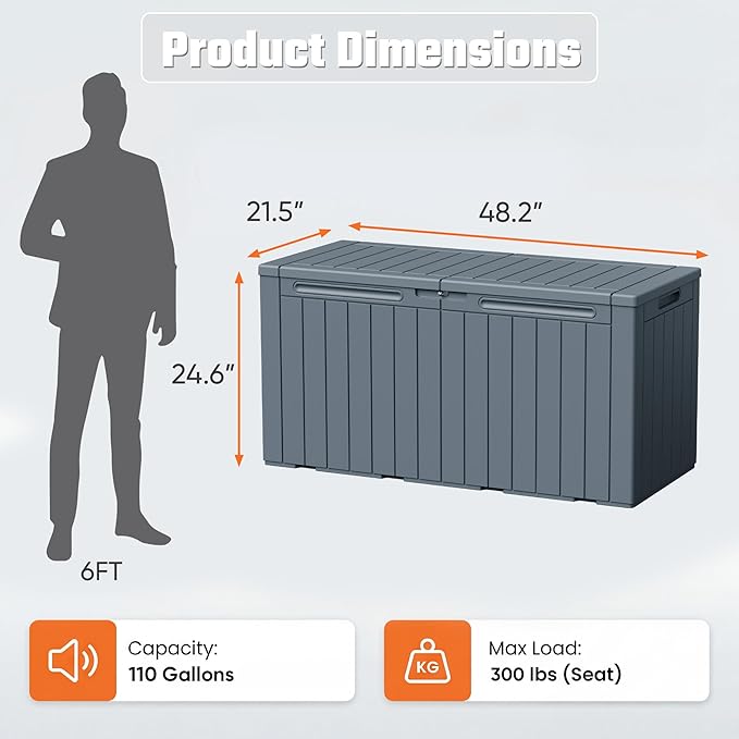 Greesum 110 Gallon Outdoor Storage Box with Lockable Lid, All-Weather Solution for Patio Furniture, Pool Supplies & Garden Tools, Waterproof, UV-Resistant Large Deck Box, Gray