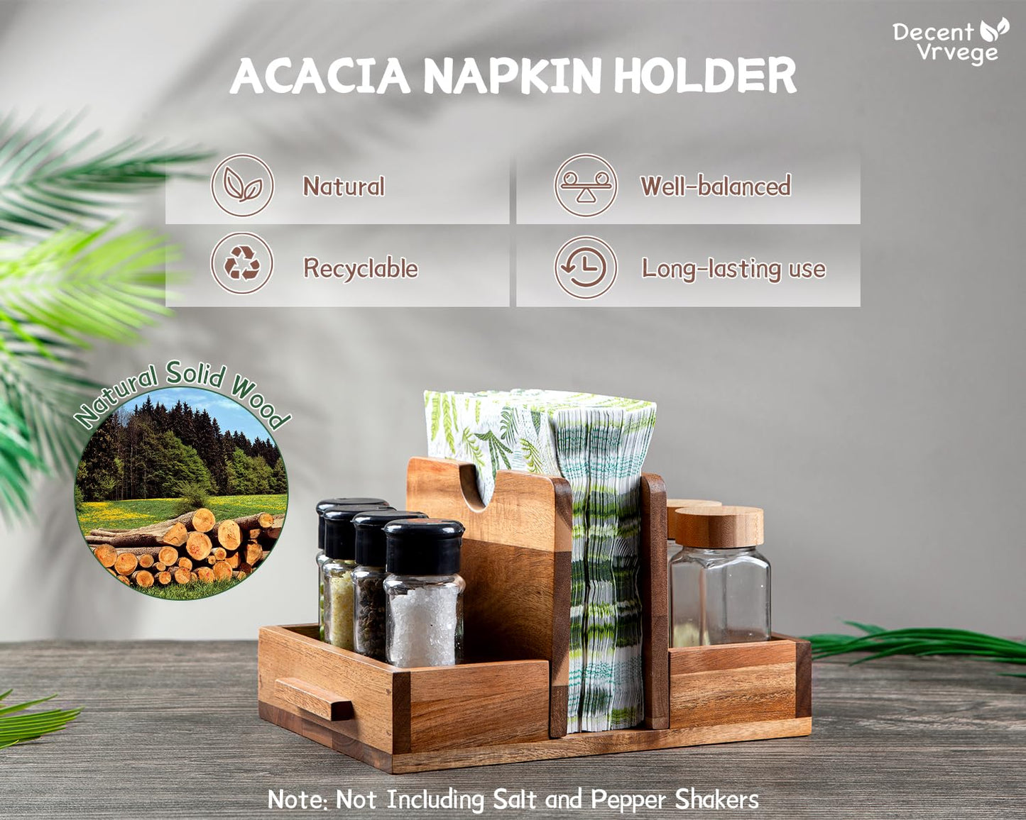 Decent Vrvege Napkin Holder, Napkin Holders with Built-in Salt Pepper Shakers Caddy, Acacia Wood Napkins Dispenser for Dining Table Countertop, Upright Paper Stand - Keep Your Kitchen Tidy & Organized