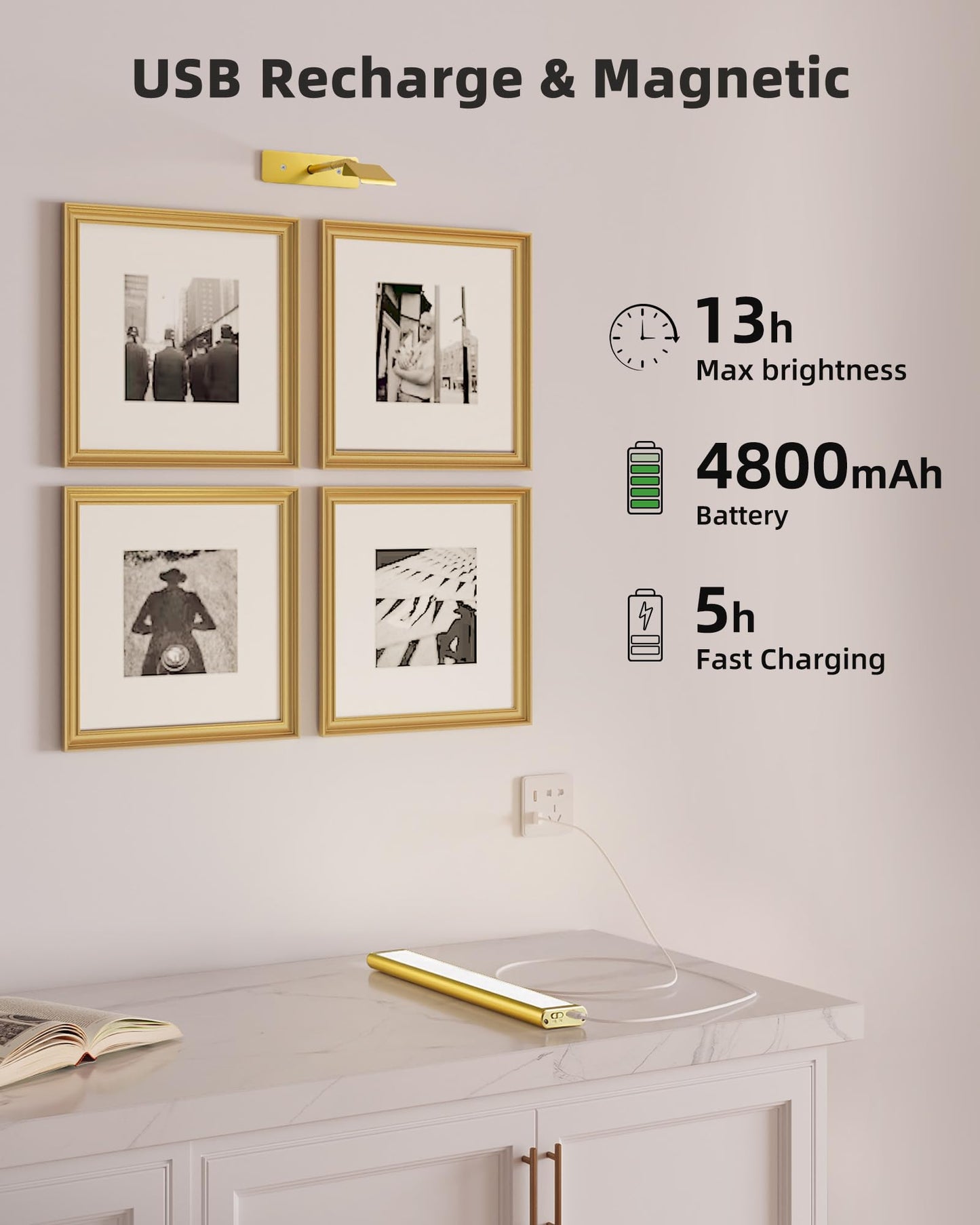 EZVALO Picture Light for Wall, 4800mAh Rechargeable Wireless Remote, Dimmable Magnetic LED Art Display Light with 3 Color Temperatures, for Gallery, Living Room, Bedroom, Hallway (Gold-2Pack)