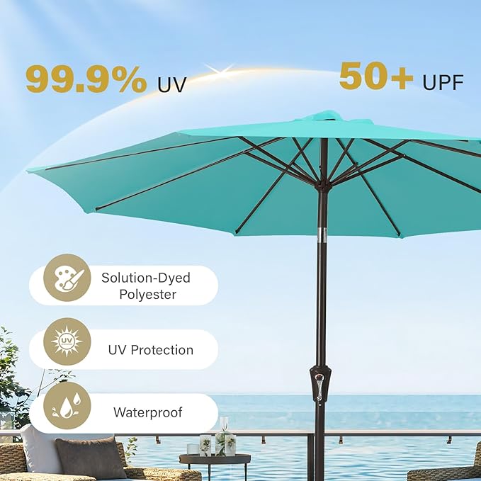 MEWAY 9ft Patio Umbrella Outdoor Table Umbrellas with Push Button Tilt and Crank, Market Umbrella 8 Sturdy Ribs for Deck, Garden, Pool and Backyard, Teal