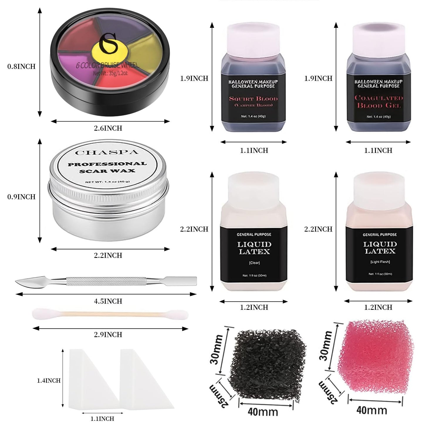 CHASPA Halloween Liquid Latex Special Effects SFX Makeup Kit for Fake Scar Wound Makeup - Scar Wax + 2 Btl Liquid Latex + 2 Btl Fake Blood + Spatula Tool + 2Pcs Stipple Sponge for Halloween Cosplay