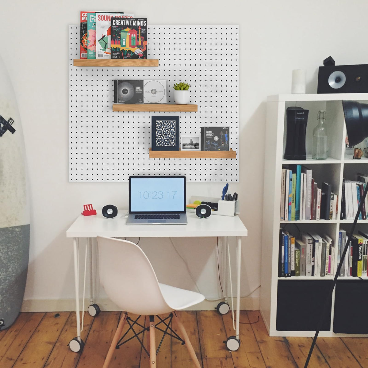 Wood Pegboard Shelves & Brackets Set - 3Pack 1/4 inch Peg Board Display Racks 14" x 4" Slat with Lip - Aesthetic Display & Storage Shelf for Room Office Craft Studio Workshop Workspace Garage (Brown)