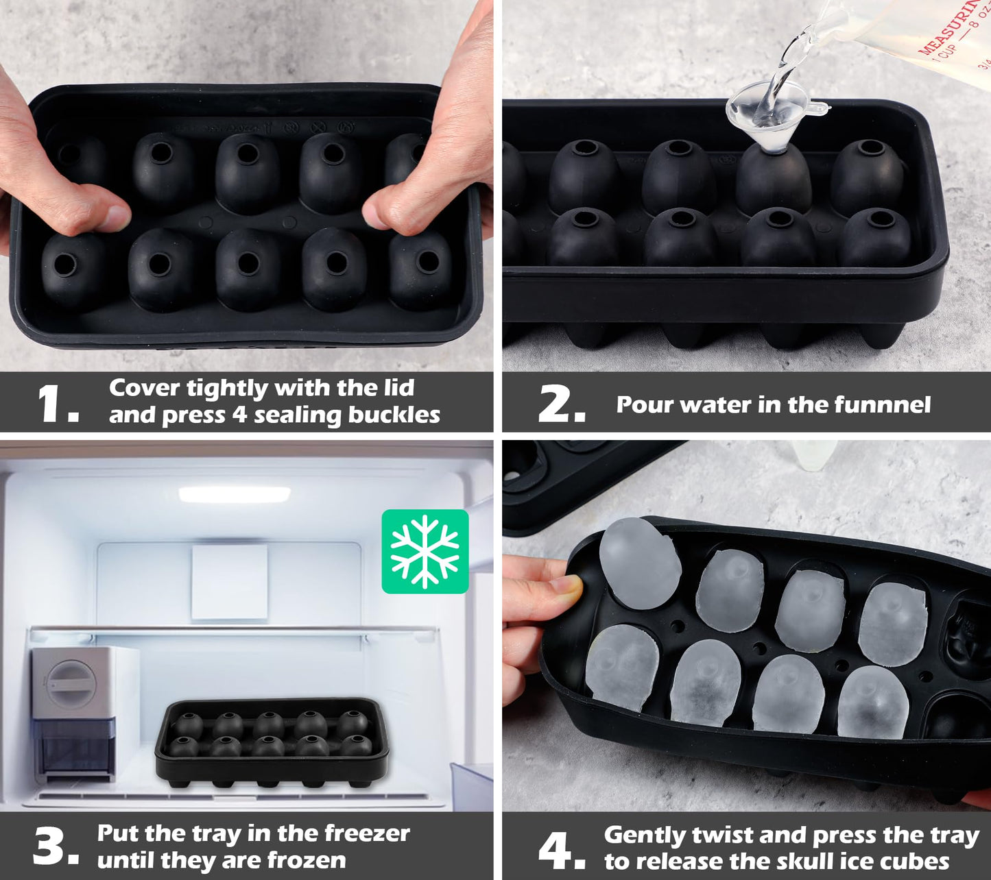 Webake Skull Ice Cube Mold 3D, 10-Cavity Skeleton Head Silicone Ice Mold with Lid and Funnel for Whiskey Cocktail Reusable for Halloween Baking Chocolate, Candy, Pudding