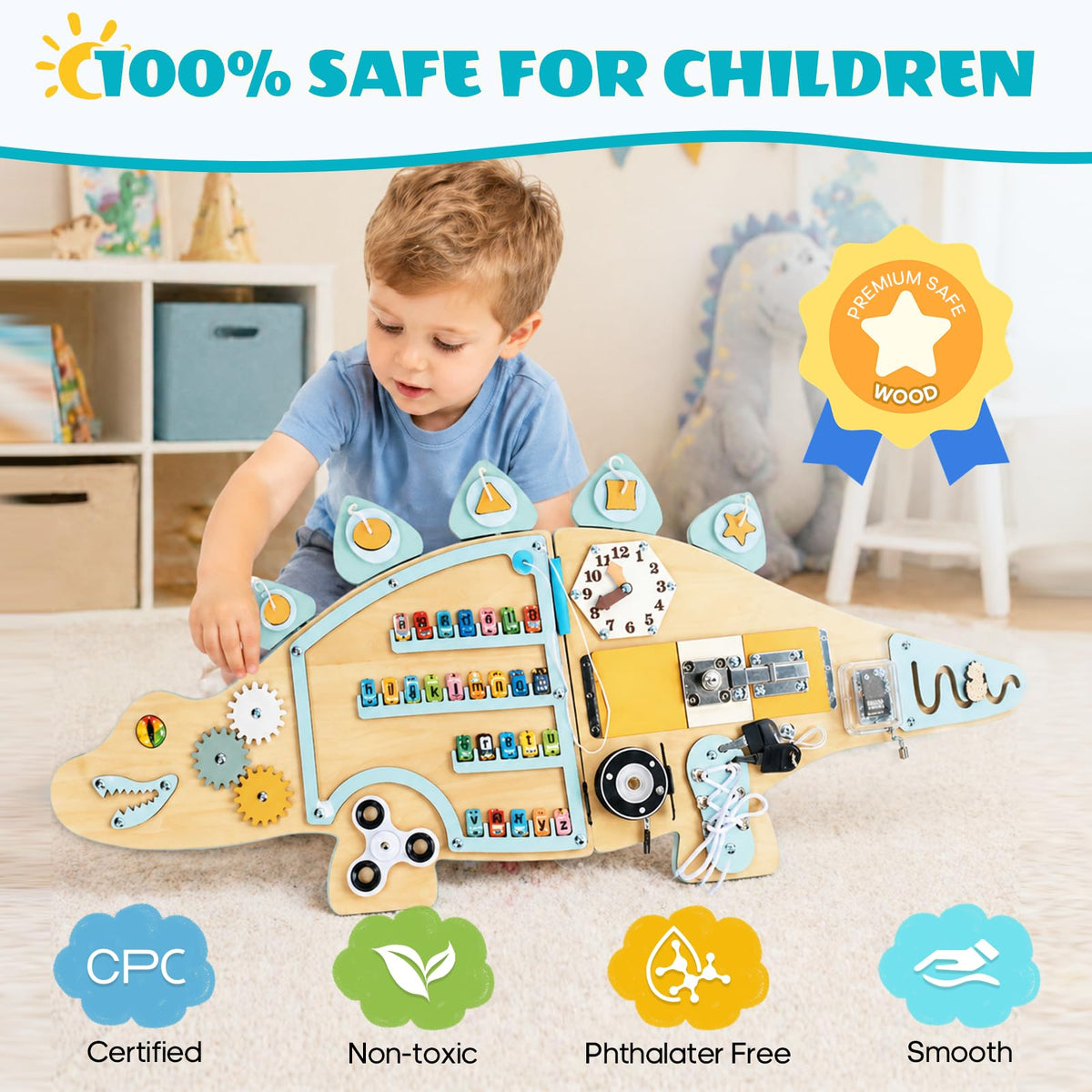 BROWNROOT Dinosaur Activity Wall Busy Board 11 in 1 Foldable Wooden Montessori Sensory Panel for Kids Wall Mounted Toddler Learning Activity Center for Playroom Daycare Nursery Classroom 3-6