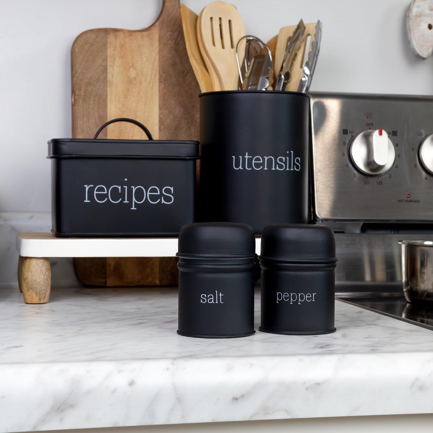 AuldHome Design Salt and Pepper Shaker Set (Black); Contemporary Modern Farmhouse Retro Enamel Style Shaker Set
