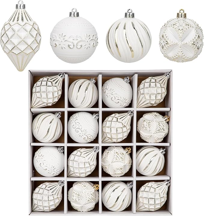 16PCS Shatterproof Christmas Ball Ornaments Set, Hand-Painted Holiday Decor with Assorted Sizes & Designs for Christmas Tree Thanksgiving Party Decoration, Champagne-White