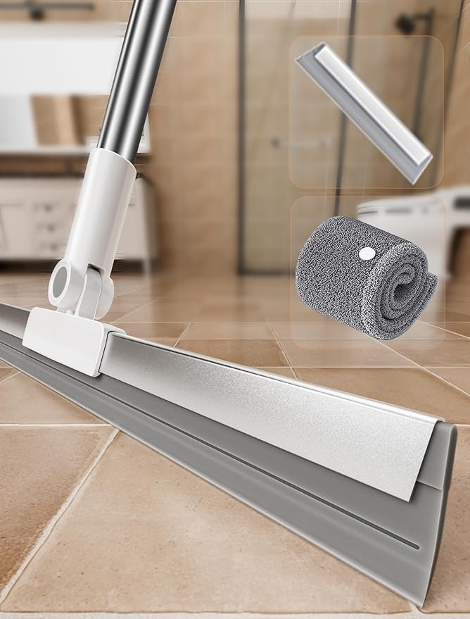 Floor Squeegee Broom with Long Handle, Heavy Duty Rubber Squeegee Kit with 2