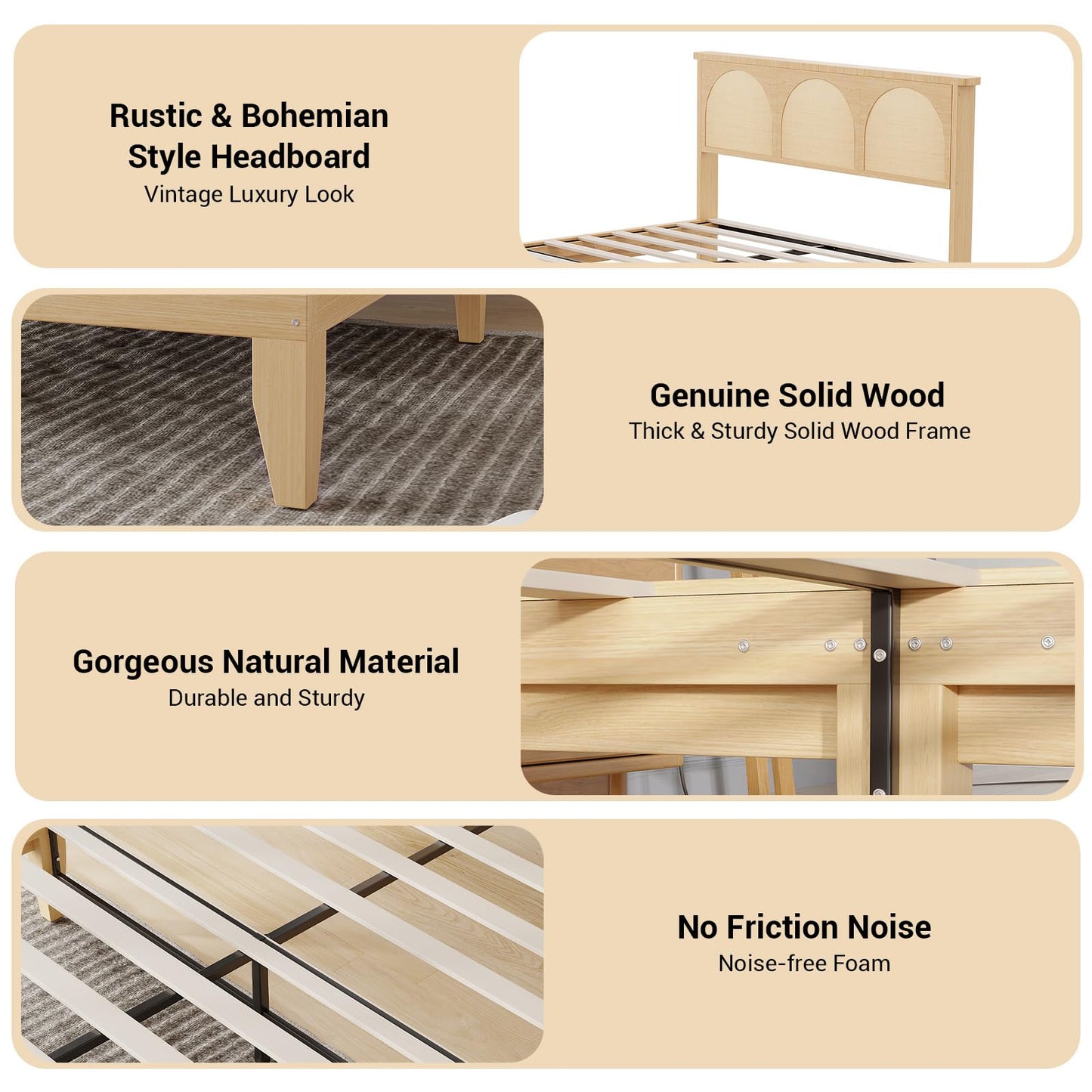 Queen Boho Rattan Bed Frame, Wooden Bed Platform with Storage, Smart RGB LED Natural Rattan Headboard, No Box Spring Needed, Under Bed Storage, Easy Assembly Solid Wood Foundation with Silent Slats