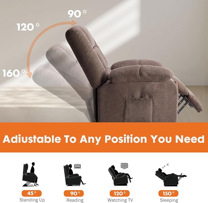 Sweetcrispy Power Lift Recliner Chair with Vibration Massage and Heat for Adults, Ergonomic Overstuffed Breathable Fabric Reclining Chair with Side Pockets, Remote Control, Living Room, Bedroom, Brown