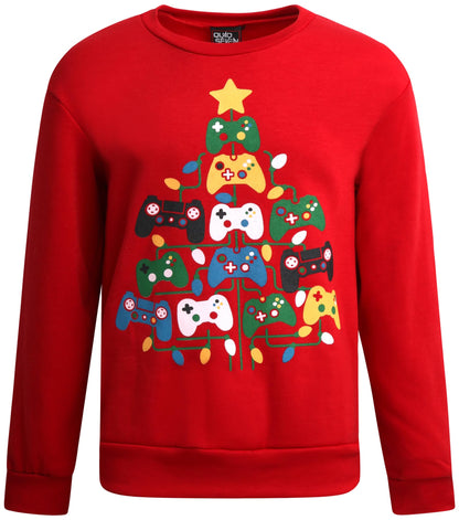 Quad Seven Boys Ugly Christmas Sweater - Soft Fleece Novelty Christmas Holiday Pullover Sweatshirt for Boys, Size 16-18, Red Gamer Christmas
