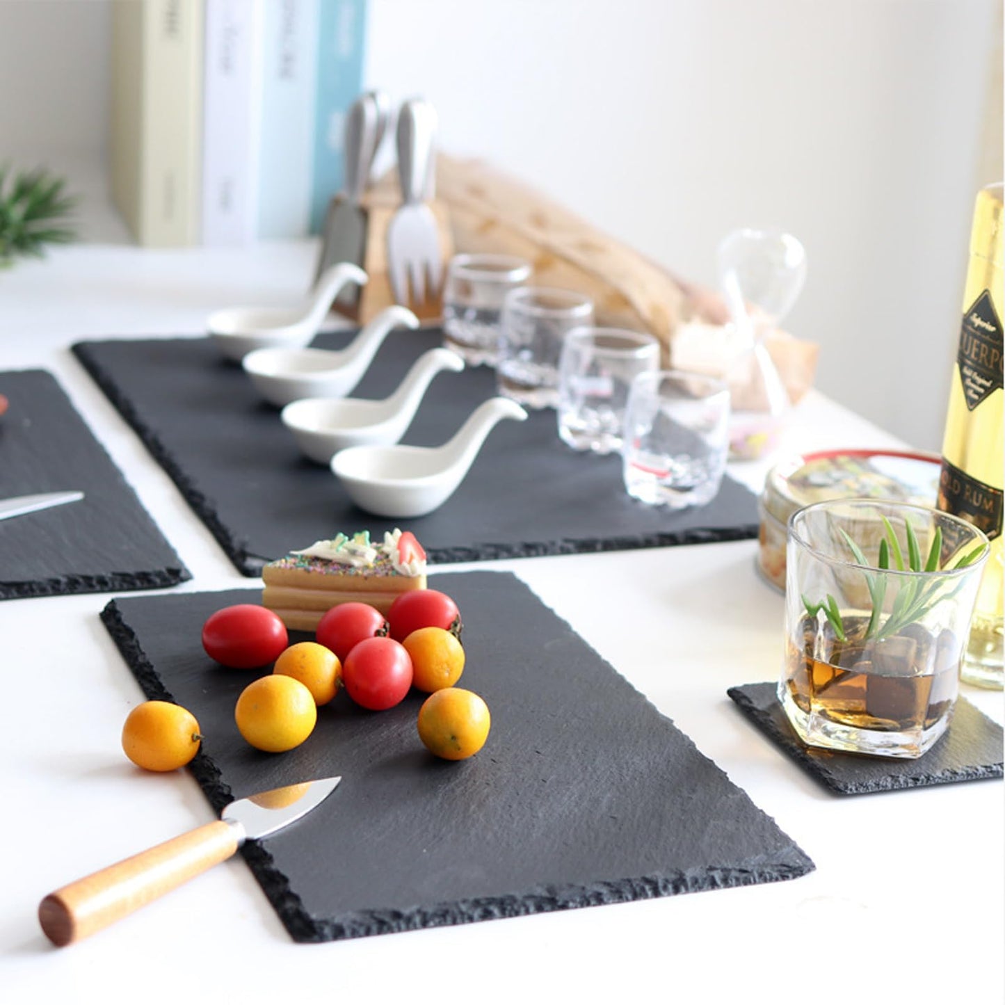 Hyuetrsa15Pcs Slate Cheese Boards, Natural Black Slate Charcuterie Boards with Chalk Surface for Laser Engraving DIY, 8" x 4" Mini Stone Plates for Party Sushi Serving Tray, Gift Ready
