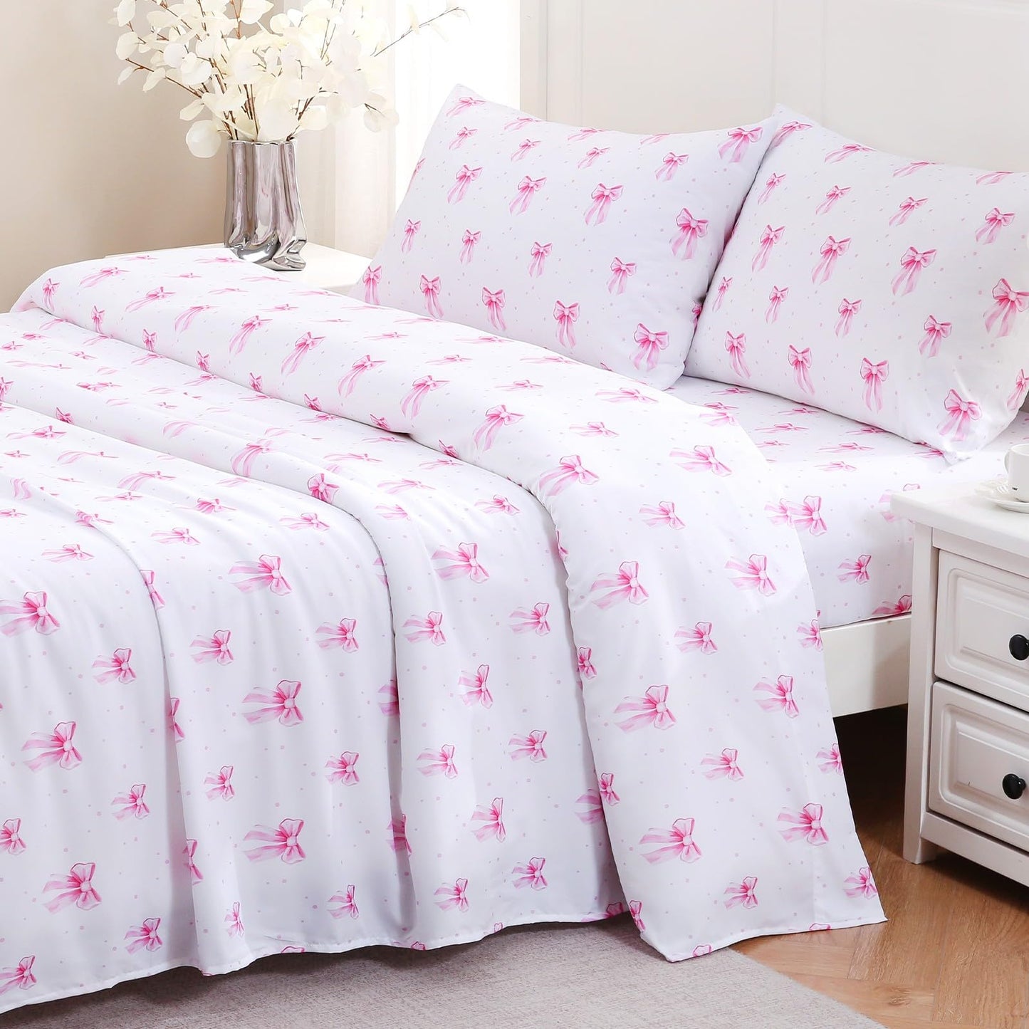 MICORAL Boho Floral Queen Sheet Set, 4-Piece Printed Botanical Bed Sheets, 16" Deep Pocket, Ultra Soft & Cooling Sheet, Oeko-TEX Certified, Pink Bow