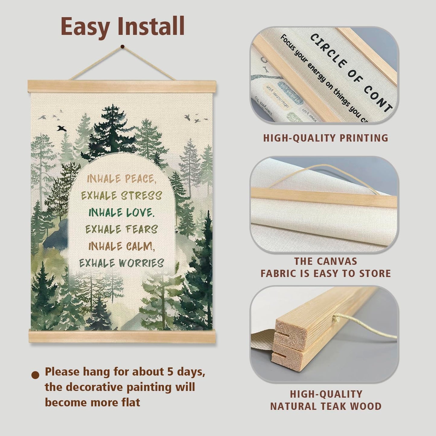 Mindfulness Wall Art Decor,Inhale Exhale Inspirational Forest Poster with Wooden Hanger, Mental Health Decor for Therapy Office, Counseling Room, Yoga Studio, Calm Down Corner, 14x18.5Inches(BG015)