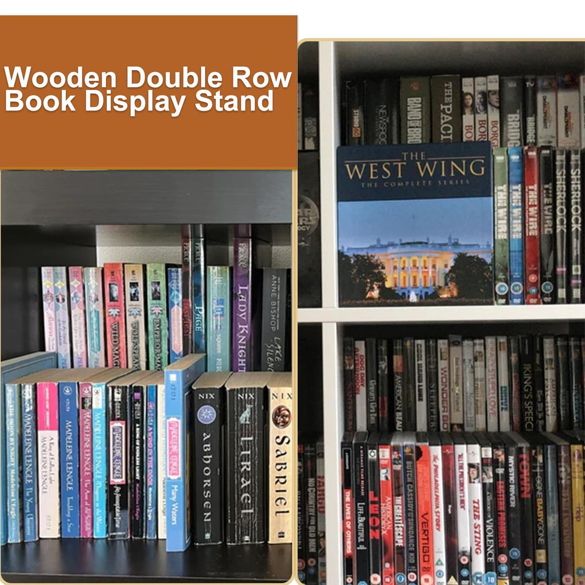 Bantlou 2 Pack Shelf Riser for Displaying Two Rows of Books on a Single Shelf, Wooden Adjustable Heigh Manga Display Stand, Space-Saving Display Stand for Books, Manga, DVDs, CDs