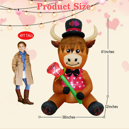 inslife 5FT Tall Valentine's Day Inflatable Highland Cow Holding a Rose, Blow Up Valentine's Day Outdoor Decoration Built-in 3 Led Lights for Wedding Propose Indoor Yard Party Supplies