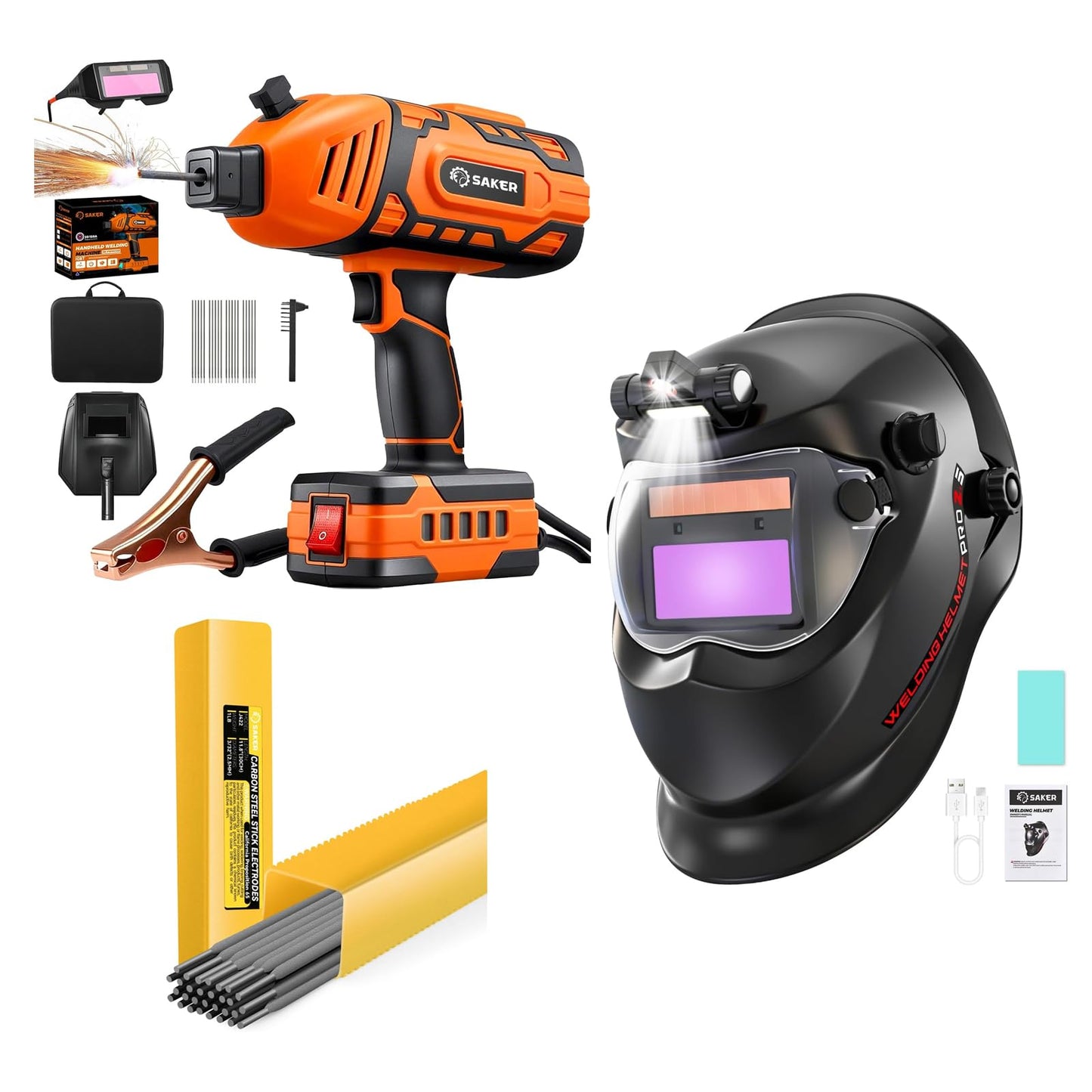 Saker Portable Welding Machine （Orange）- Saker Auto Darkening Welding Helmet with LED Light - Saker E6013 Welding Rod 3/32'' 1-Pound