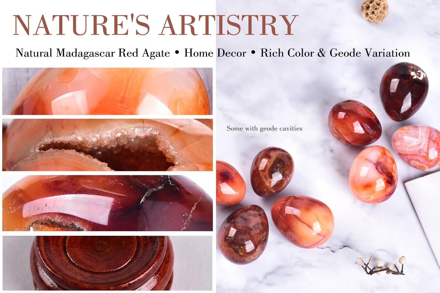 AMOYSTONE Red Agate Eggs Set of 4 (Polished Banded Agate) - Natural Gemstone Specimens with Wooden Base for Display & Collection (1.5-2 Inch, 2.8 oz)
