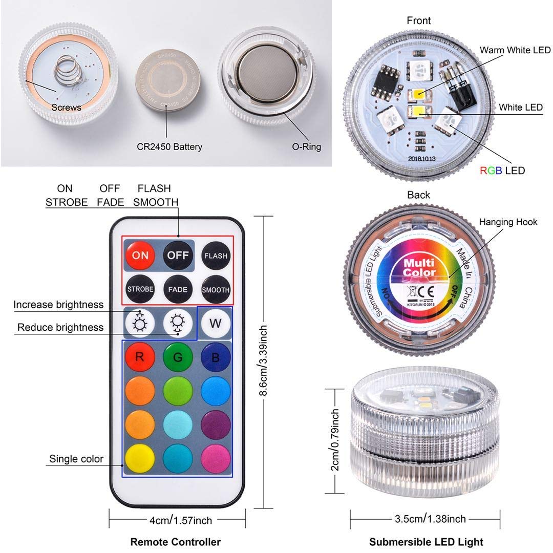 Mini Submersible Led Lights with Remote, Small Underwater Tea Lights Candles Waterproof 1.5" RGB Multicolor Flameless Accent Lights Battery Operated Vase Pool Pond Lantern Decoration Lighting (10pcs)