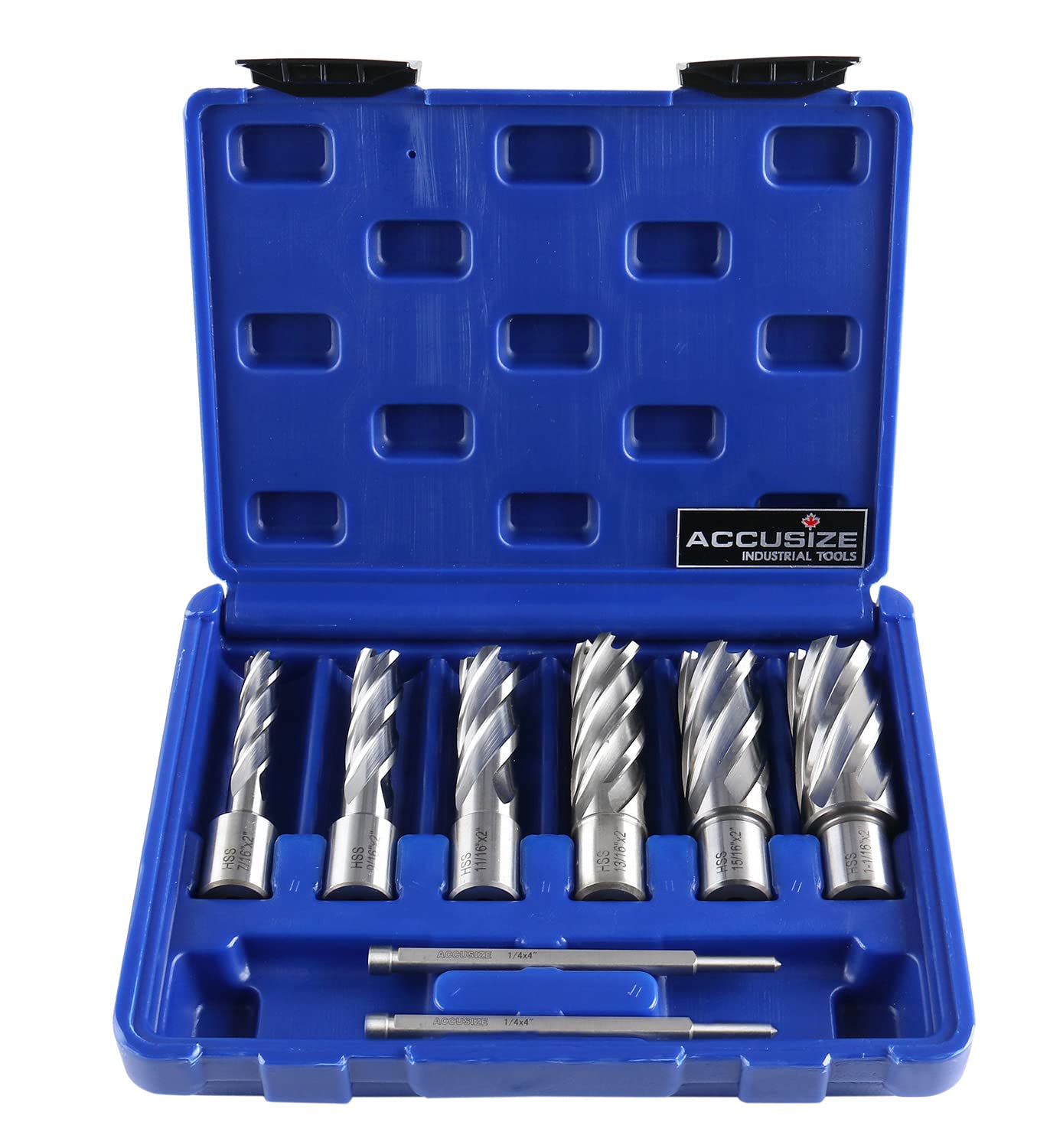 Accusize Industrial Tools H.S.S. Annular Cutter Set, 2'' Cutting Depth, 7/16'' - 1-1/16'' Slugger Cutter, 8 Pcs/Set, HSS2-0000