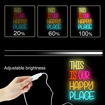 NOSUN This is Our Happy Place Neon Sign Happy Place Neon Signs for Wall Decor Dimmable Warm White LED Signs for Bedroom Classroom Man Cave Home Bar Birthday Party Game Zone Decor Neon Classroom Sign
