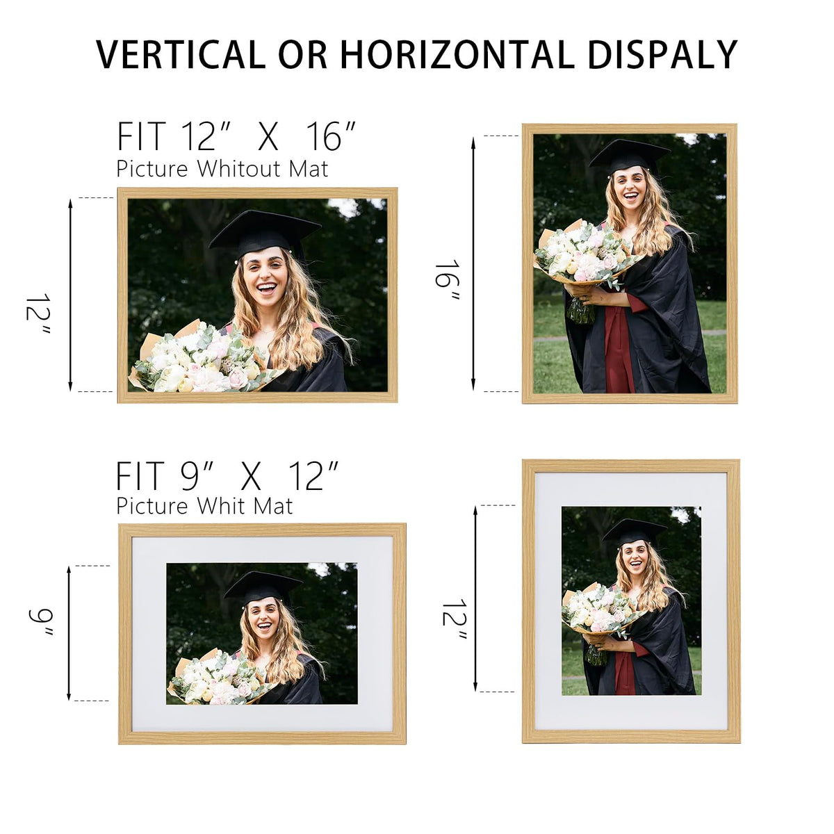 TransGreen 12x16 Picture Frame Set of 3, Photo Frame Display 9x12 Pictures with Mat or 12x16 without Mat, Hang on the Wall, Beige