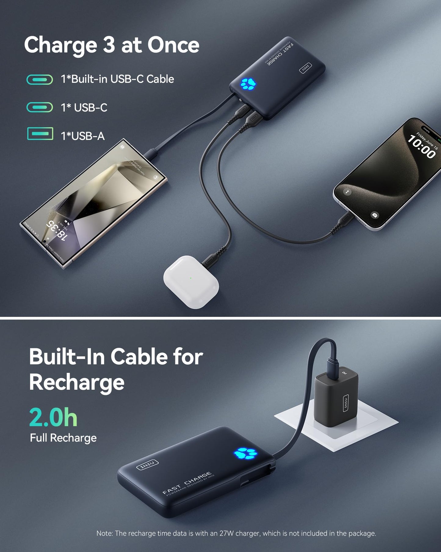 INIU 45W Portable Charger, 10000mAh Built-in USB C Cable Fast Charging Power Bank, Small Type C Battery Pack, Powerbank for iPhone 17 16 15 14, iPad, Samsung S25 S24 etc. Travel Camping Essentials