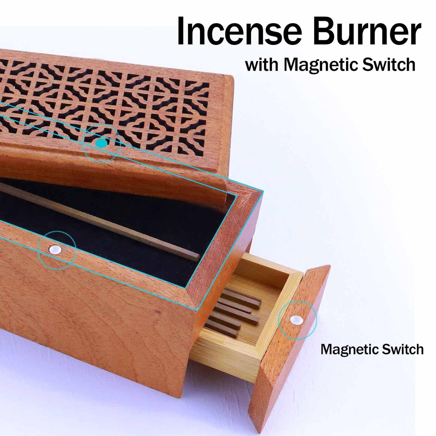 Wooden Incense Burner with Storage Drawer and Magnetic Switch,Insence-Stick Holder Ash Catcher for Meditation/Yoga Room/Bedroom/studyroom/Office