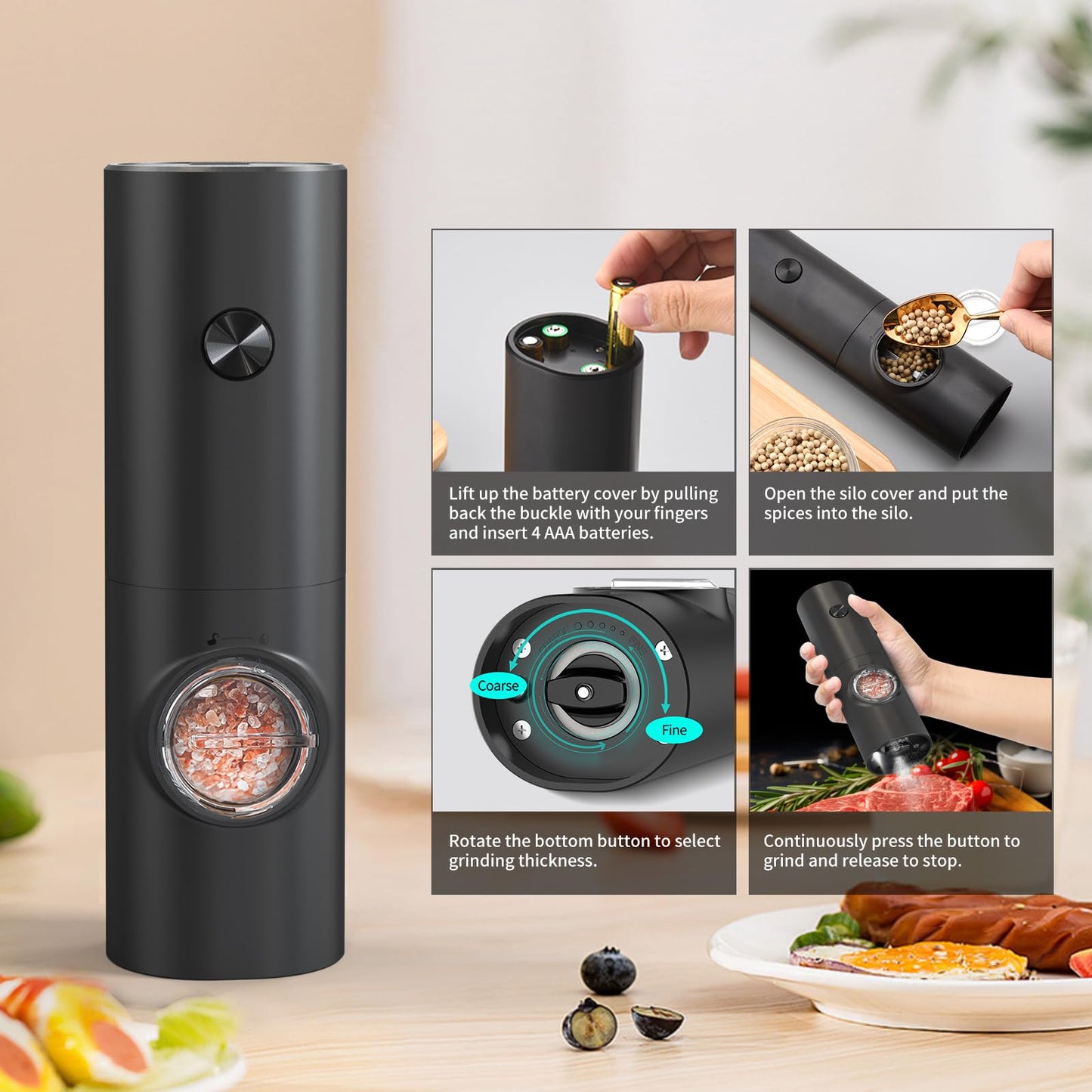 CIRCLE JOY Electric Salt and Pepper Grinder Set, Battery Operated Pepper Mill Grinder with Base, Adjustable Coarseness and Automatic Single Hand Operation, Black