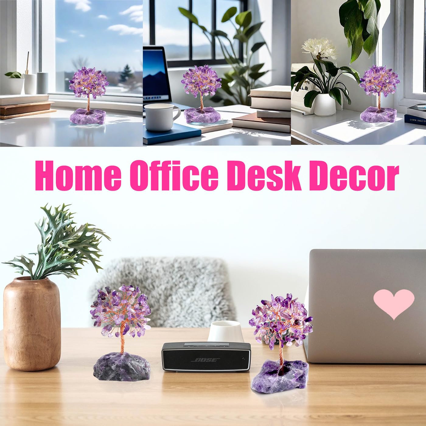 QINJIEJIE Amethyst Crystal Tree of Life Decor Crystals and Healing Stones Reiki Natural Crystals Base Copper Wire Spiritual Meditation Energy Purple Room Office Desk Decor Purple Gifts for Women