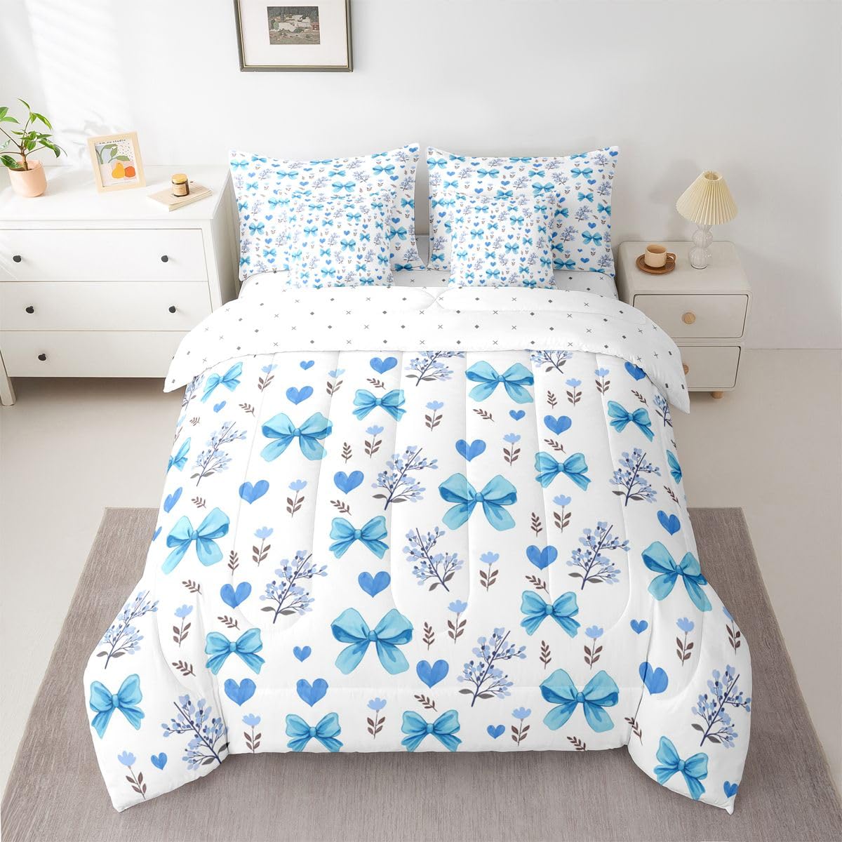 Feelyou Bow Comforter Set King Size 7 Pieces Blue Cute Floral Bedding Set for Kids Boys Girls Heart Bowknot Pattern Bed in a Bag with Comforter, Sheets, Pillowcases, Cushion Covers
