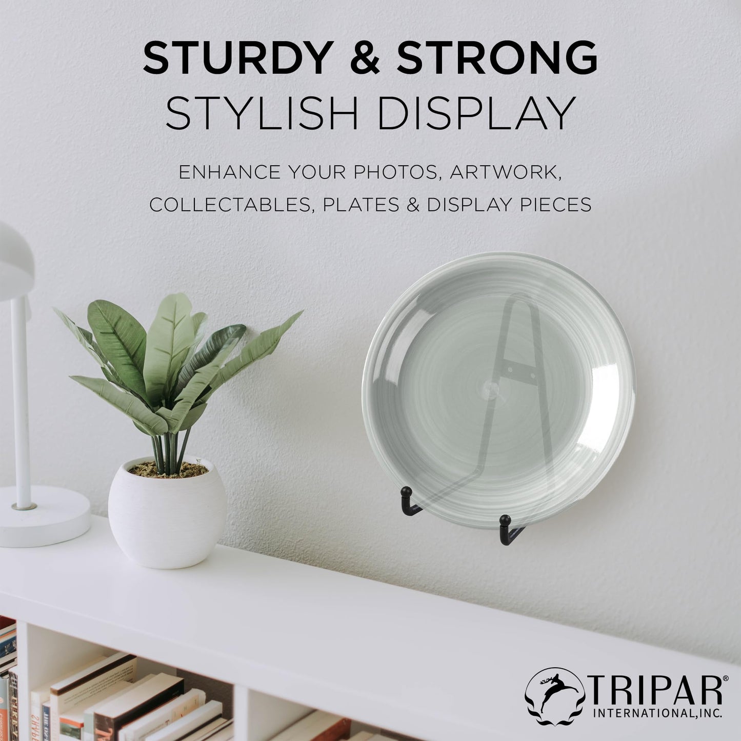 TRIPAR Decorative Scroll Rack, Large Black Display (8 Inch Depth) - Functions as Wall Rack or Tabletop Easel - Lightweight and Durable - Showcase Beautiful Plates, China, Artwork and More