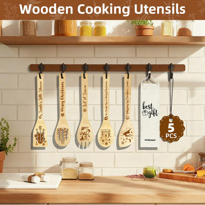 Christmas Cooking Spoons Set with Canvas Bag, 5Pcs Bamboo Non-Stick Cooking Utensils, Kitchen Accessories Housewarming Gift for Friend Women Men, Funny Thanksgiving Christmas Gift for Mom Dad