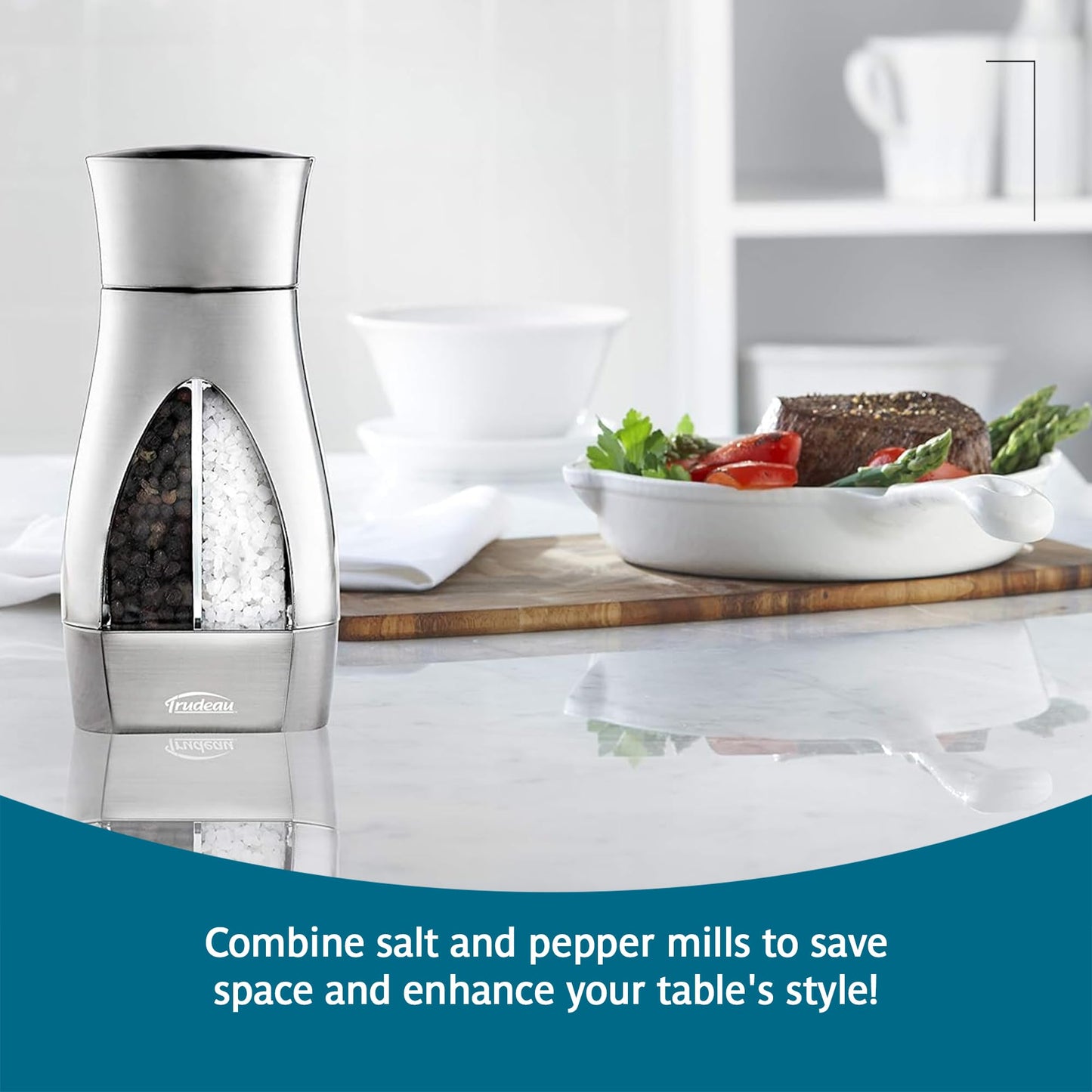 Trudeau Stainless Steel Manual 2-in-1 Salt and Pepper Mill - 7.5-Inch Space-Saving Grinder with Durable Carbon Steel Pepper Grinder and Rust-Proof Ceramic Salt Grinder - Adjustable Grind Settings