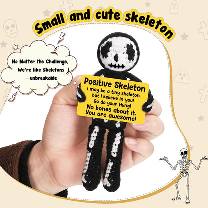 Hweijm Positive Skeleton Skull Christmas Stocking Stuffer Crochet Gag Gift, Spooky Cute Mini Collectible for Teens Women Men Friends, White Elephant Exchange, Secret Santa Gift, Skeleton Desk Decor