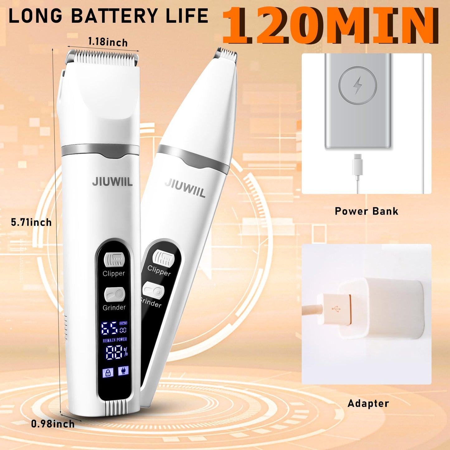 JIUWIIL Dog Clippers for Grooming, 4 in 1 Dog Grooming Kit Hair Clipper with LCD Display, Dog Trimmer for Grooming, Dog Hair Trimmer for Paw Nail Grinder,Shaver Grooming Supplies for Pet Cats Dogs