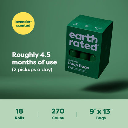Earth Rated Dog Poo Bags, Guaranteed Leak Proof and Extra Thick Waste Bag Refill Rolls For Dogs, Lavender Scented, 270 Count