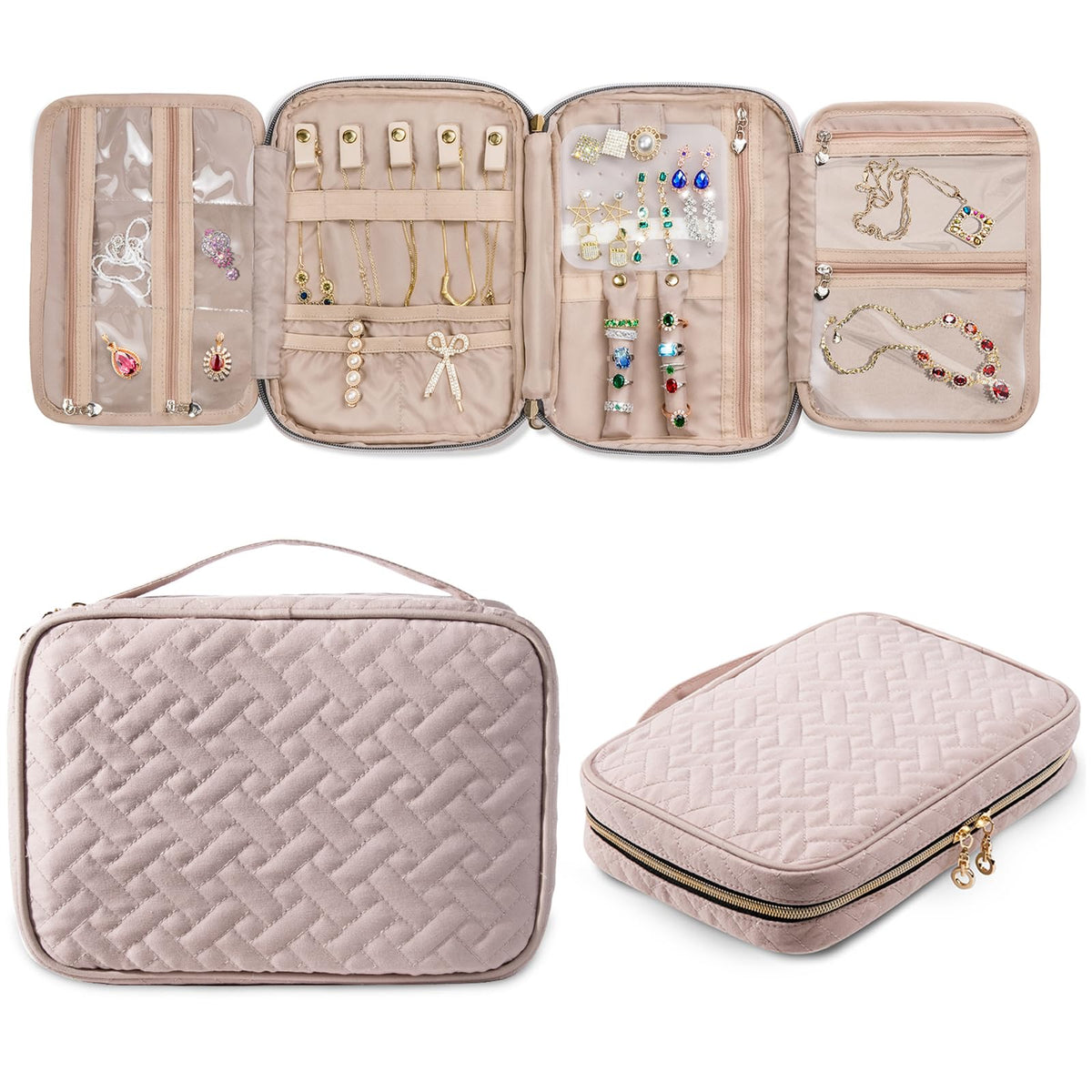 SFYBYHEART Travel Jewelry Organizer Case, Jewelry Travel Bags for Women, Large Capacity Travel Jewelry Case for Tangle-Free Earrings, Necklaces, Rings Storage, Travel Accessories, Pink.…