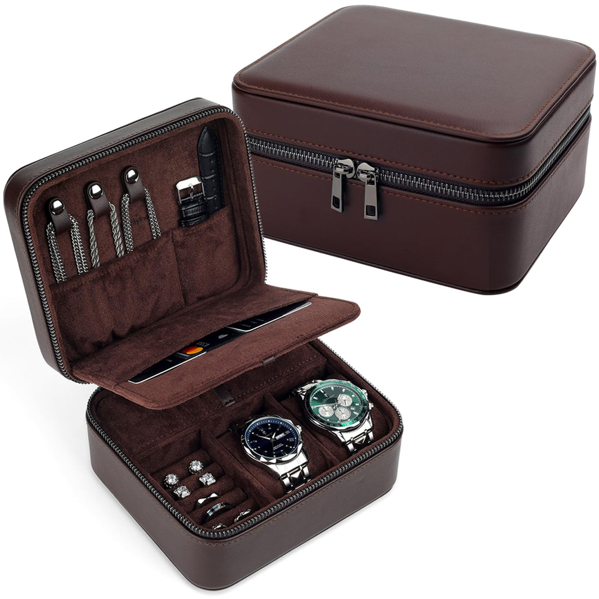 Lumayina Travel Watch Case for Men, Watch Box with Ring Rolls & Accessory Compartments, PU Leather Portable Men's Jewelry Organizer, Fits up to 50mm Watches, Gift for Him (Large – 2 Slot)